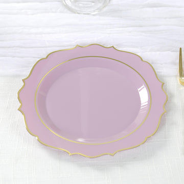 10-Pack Plastic 8" Round Desert Plates in Lavender Lilac with Gold Scalloped Rim - Disposable Appetizer/Salad Plates