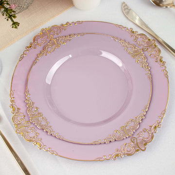 10-Pack Plastic 8" Round Dessert Plates in Lavender Lilac with Gold Leaf Embossed Rim - Disposable Vintage Baroque Style Salad Plates