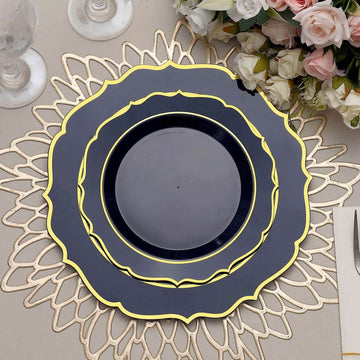 10-Pack Plastic 8" Round Desert Plates in Navy Blue with Gold Scalloped Rim - Disposable Appetizer/Salad Plates