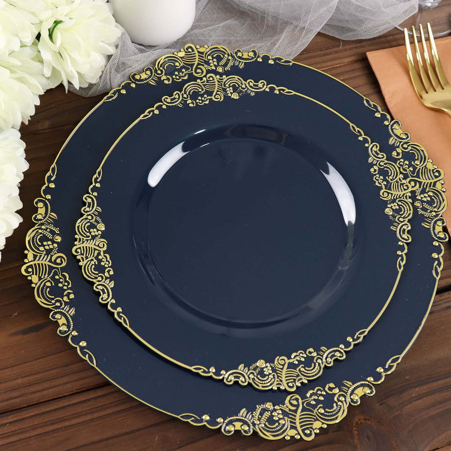 10 Pack 8inch Navy Blue Plastic Salad Plates With Gold Leaf Embossed Baroque Rim, Round Disposable