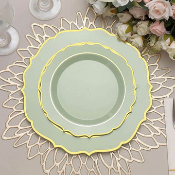 10-Pack Plastic 8" Round Desert Plates in Sage Green with Gold Scalloped Rim - Disposable Appetizer/Salad Plates