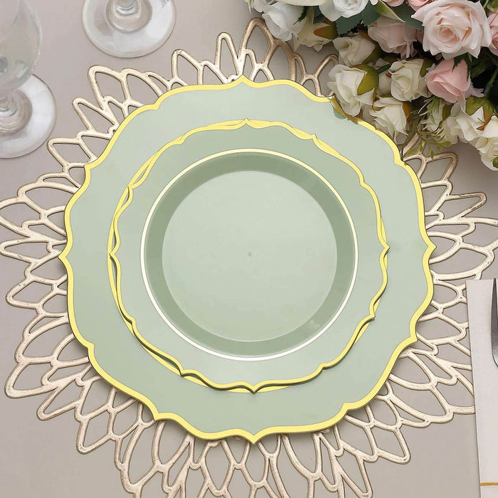 8inch Sage Green Plastic Dessert Salad Plates, Disposable Tableware Round With Gold Scalloped Rim