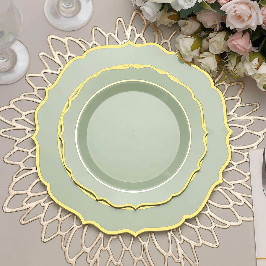 8inch Sage Green Plastic Dessert Salad Plates, Disposable Tableware Round With Gold Scalloped Rim