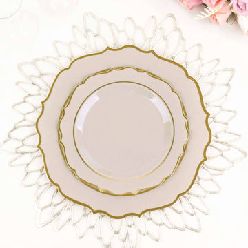 10-Pack Plastic 8" Round Desert Plates in Taupe with Gold Scalloped Rim - Disposable Appetizer/Salad Plates