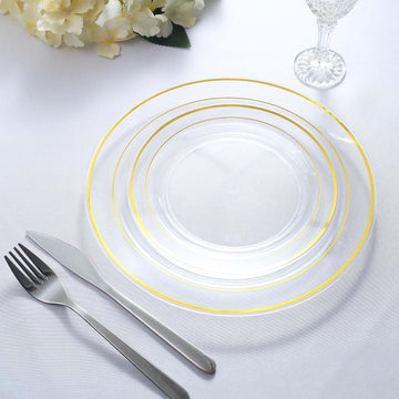 10-Pack Plastic Dessert Plates Clear with Très Chic Gold Rim - Disposable Plates for Parties 8"