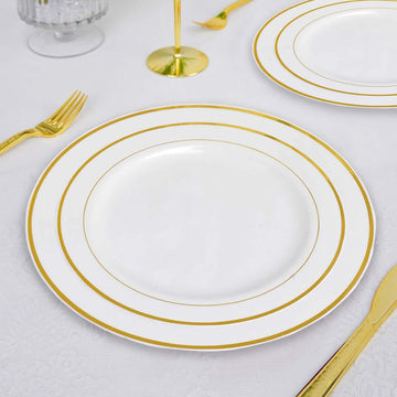 10-Pack Plastic Dessert Plates Ivory with Très Chic Gold Rim - Disposable Plates for Parties 8"