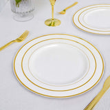 10 Pack | 8inch Très Chic Gold Rim White Disposable Salad Plates, Plastic Dessert Appetizer Plates