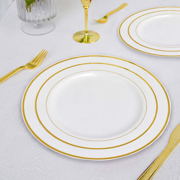 10-Pack Plastic Dessert Plates White with Très Chic Gold Rim - Disposable Plates for Parties 8"