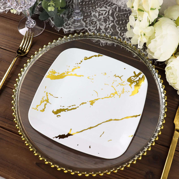 10 Pack | 8inch White / Gold Marble Square Plastic Salad Plates, Disposable Appetizer Party Plates