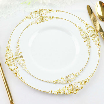 10-Pack Plastic 8" Round Dessert Plates in White with Gold Leaf Embossed Rim - Disposable Vintage Baroque Style Salad Plates for Luxurious Gatherings & Events