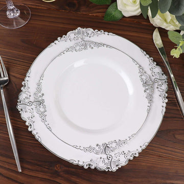 10-Pack Plastic 8" Round Dessert Plates in White with Silver Leaf Embossed Rim - Disposable Vintage Baroque Style Salad Plates