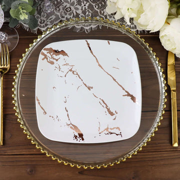 10-Pack Plastic 8" Square Dessert Plates in White with Rose Gold Marble Design - Disposable Appetizer Salad Party Plates