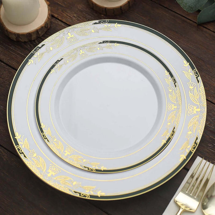 10-Pack Plastic 8" Round Dessert Plates in White with Hunter Emerald Green Rim - Stylish Gold Vine Design Disposable Salad/Appetizer Plates for Special Occasions & Celebrations