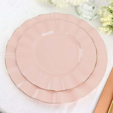 10-Pack Plastic 9" Round Dinner Plates in Blush Ruffled Rim with Gold Edging - Sturdy Disposable Dinnerware