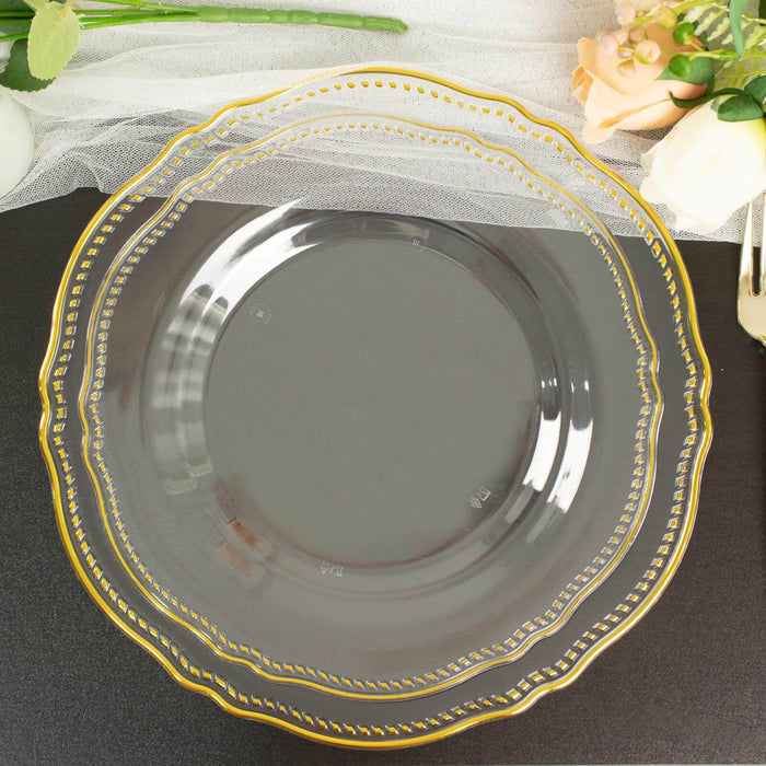 10 Pack | 9inch Clear / Gold Scalloped Rim Disposable Dinner Plates, Plastic Party Plates