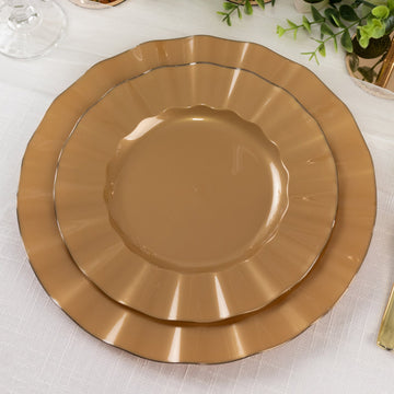 10-Pack Plastic 9" Round Dinner Plates in Gold with Ruffled Rim - Sturdy Disposable Dinnerware for Classy Events & Banquets