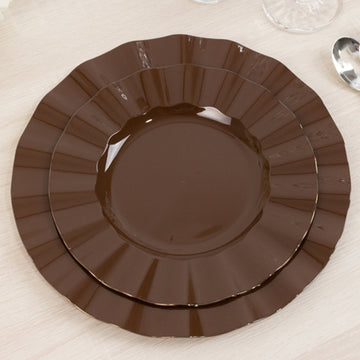 10-Pack Plastic 9" Round Dinner Plates in Cinnamon Brown Ruffled Rim with Gold Edging - Sturdy Disposable Dinnerware