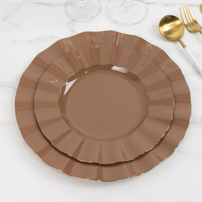 10 Pack 9inch Heavy Duty Disposable Dinner Plates with Gold Ruffled Rim, Coffee Brown Hard Plastic