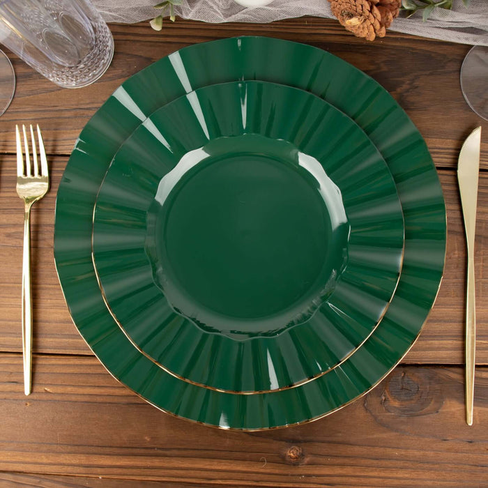 9inch Hunter Emerald Green Heavy Duty Disposable Dinner Plates Gold Ruffled Rim, Plastic Dinnerware