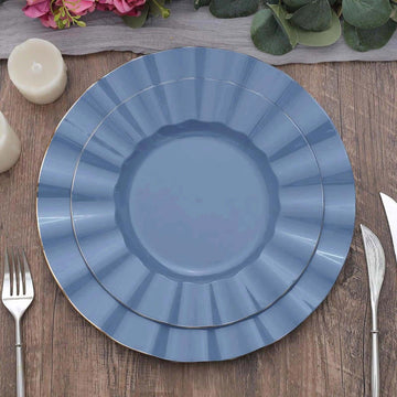 10-Pack Plastic 9" Round Dinner Plates in Ocean Blue Ruffled Rim with Gold Edging - Sturdy Disposable Dinnerware