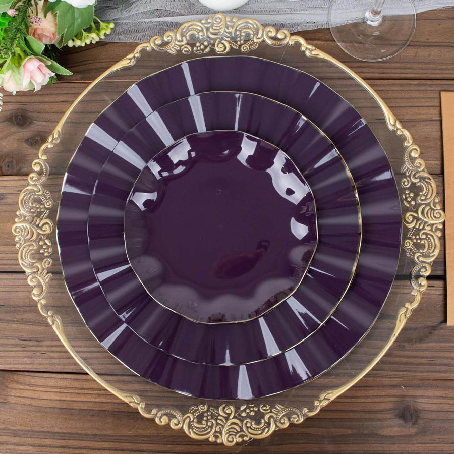 10 Pack | 9inch Purple Heavy Duty Disposable Dinner Plates with Gold Ruffled Rim Dinnerware