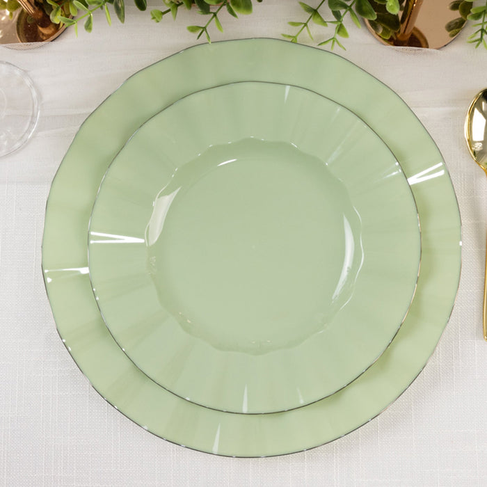 10 Pack Sage Green Heavy Duty Disposable Dinner Plates with Gold Ruffled Rim, Hard Plastic Dinner