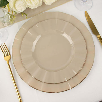 10-Pack Plastic 9" Round Dinner Plates in Taupe Ruffled Rim with Gold Edging - Sturdy Disposable Dinnerware