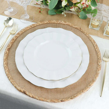 10-Pack Plastic 9" Round Dinner Plates in White Ruffled Rim with Gold Edging - Sturdy Disposable Dinnerware for Classy Events & Banquets