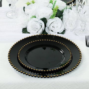 10-Pack Black Plastic Dessert Plates – 8" Round with Gold Beaded Rim, Disposable for Parties & Events