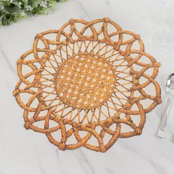 10-Pack Disposable Table Placemats in Brown with Die-Cut Rattan Weave Print - Large Rustic Farmhouse Scalloped Rim Floral Paper Placemats 16"