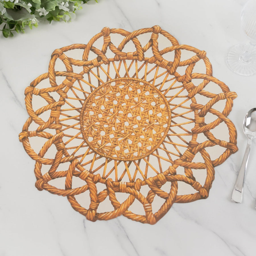 10 Pack Brown Die-Cut Rattan Weave Paper Table Mats, 16inch Large Round Floral Disposable