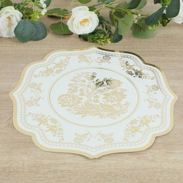 10 Pack Cardboard Paper Table Mats with White Gold Damask Floral Pattern, 13" Round Disposable Placemats with Scalloped Rim - 400 GSM