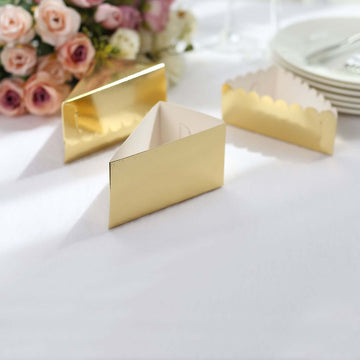 10-Pack Cardstock Triangle Cake Slice Boxes Gold with Scalloped Top - Decorative Takeaway Dessert Containers for Small Pie Snacks & Party Favors 4"x2.5"