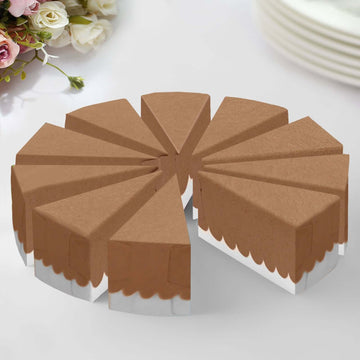 10-Pack Cardstock Triangle Cake Slice Boxes Natural with Scalloped Top - Decorative Takeaway Dessert Containers for Pie Snacks & Party Favors 5"x3"