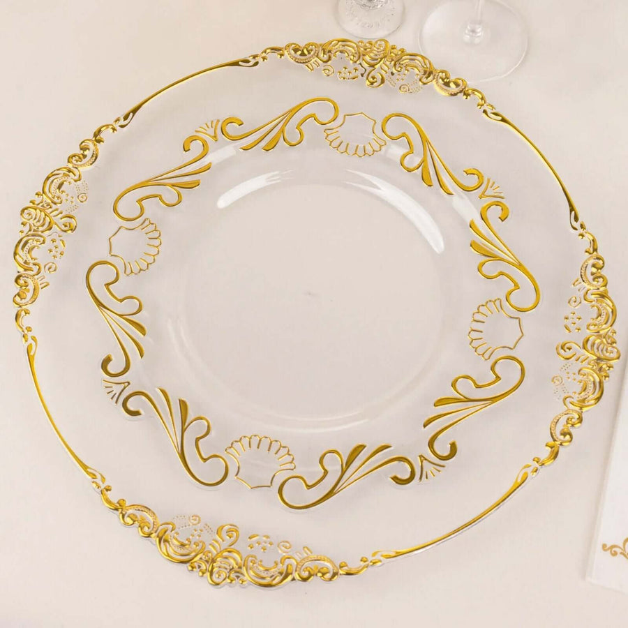 10 Pack Clear Gold European Style Disposable Dinner Plates Vintage Baroque With Scalloped Rim