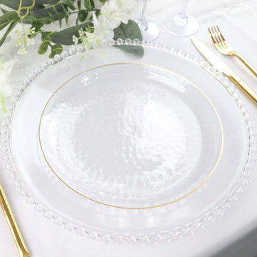 10-Pack Plastic 9" Round Dinner Plates in Clear Hammered Design with Gold Rim - Modern Disposable Party Plates for Events & Banquets