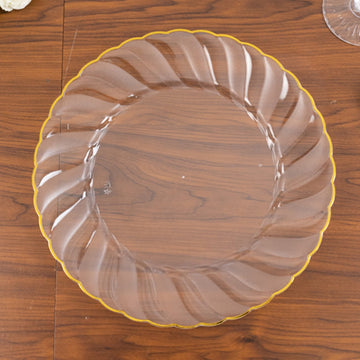 10-Pack Plastic 10" Round Dinner Plates in Clear with Gold Flair Rim - Disposable Party Plates for Upscale Banquets & Special Occasions