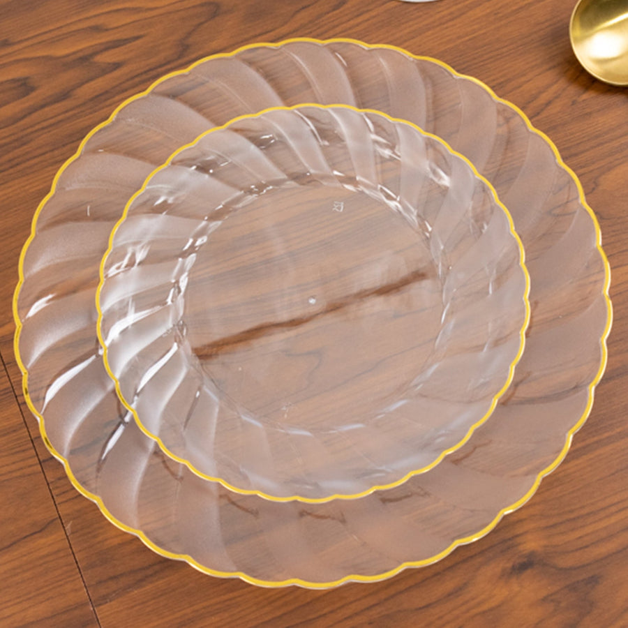 10 Pack 7.5inch Clear Gold Flair Rim Disposable Salad Plates, Plastic Dessert Appetizer Plates