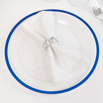 10-Pack Plastic 10" Round Dinner Plates in Clear with Blue Rim - Disposable Party Plates for Classy Banquets & Special Occasions