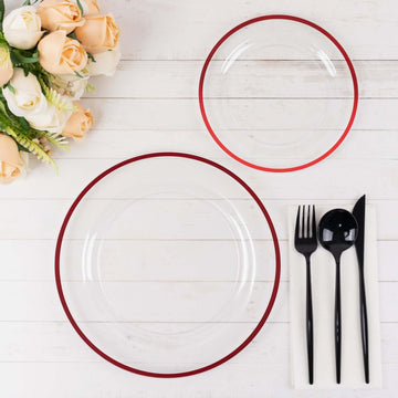 10-Pack Plastic 10" Round Dinner Plates in Clear with Red Rim - Disposable Party Plates for Classy Banquets & Special Occasions