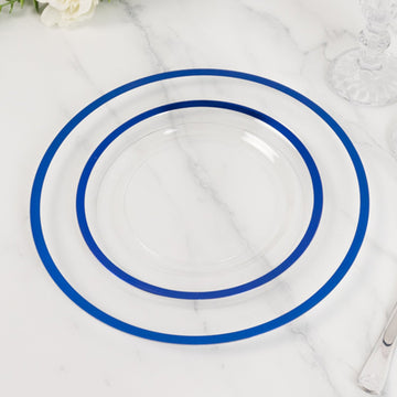 10-Pack Plastic 7" Round Appetizer Plates in Clear with Blue Rim - Sleek Disposable Salad Plates for Banquets & Special Occasions