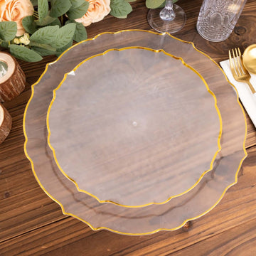 10-Pack Plastic 7" Round Dessert Appetizer Plates in Clear Sunflower with Gold Scalloped Rim - Disposable Salad Plates for Classy Events & Banquets