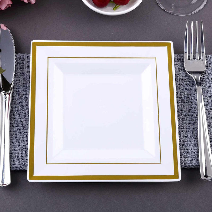 10 Pack - 7inch Gold Trim White Square Plastic Salad Dessert Plates