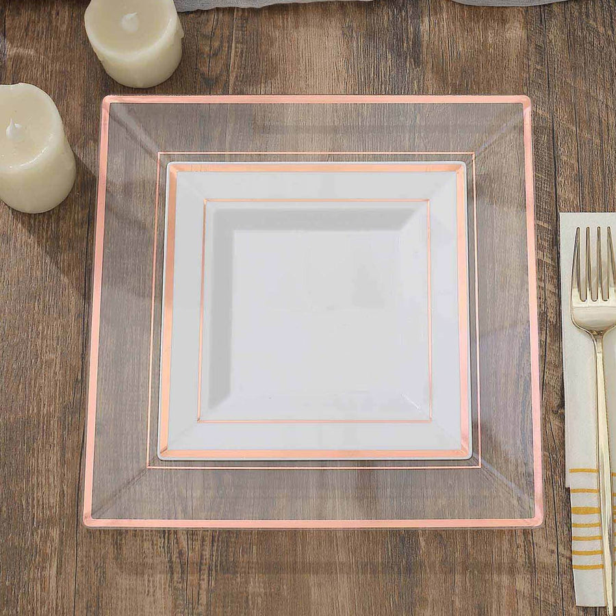 10 Pack - 7inch Rose Gold Trim White Square Plastic Salad Dessert Plates