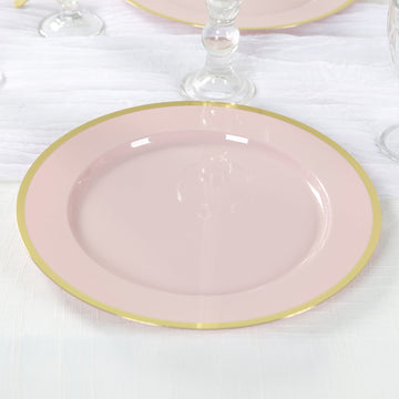 10-Pack Economy Plastic Round Charger Plates 12" in Blush with Wide Gold Rim, Decorative Dinner Party Serving Plates