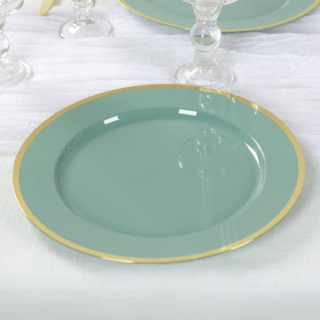 10-Pack Economy Plastic Round Charger Plates 12" in Dusty Sage Green with Wide Gold Rim, Decorative Dinner Party Serving Plates