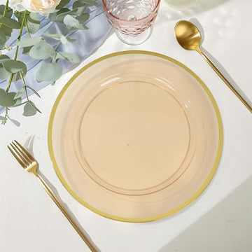 10-Pack Economy Plastic Round Charger Plates 12" in Transparent Amber Gold with Wide Gold Rim, Decorative Dinner Party Serving Plates