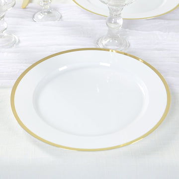 10-Pack Economy Plastic Round Charger Plates 12" in White with Wide Gold Rim, Decorative Dinner Party Serving Plates