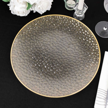 10-Pack Economy Plastic Round Charger Plates 13" in Clear Hammered Design with Glittered Gold Rim - Decorative Dinner Party Serving Plates