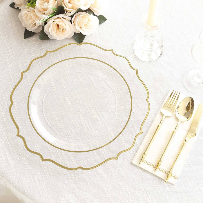 10 Pack Clear Economy Plastic Charger Plates With Gold Scalloped Rim, 13inch Round Decorative Dinner